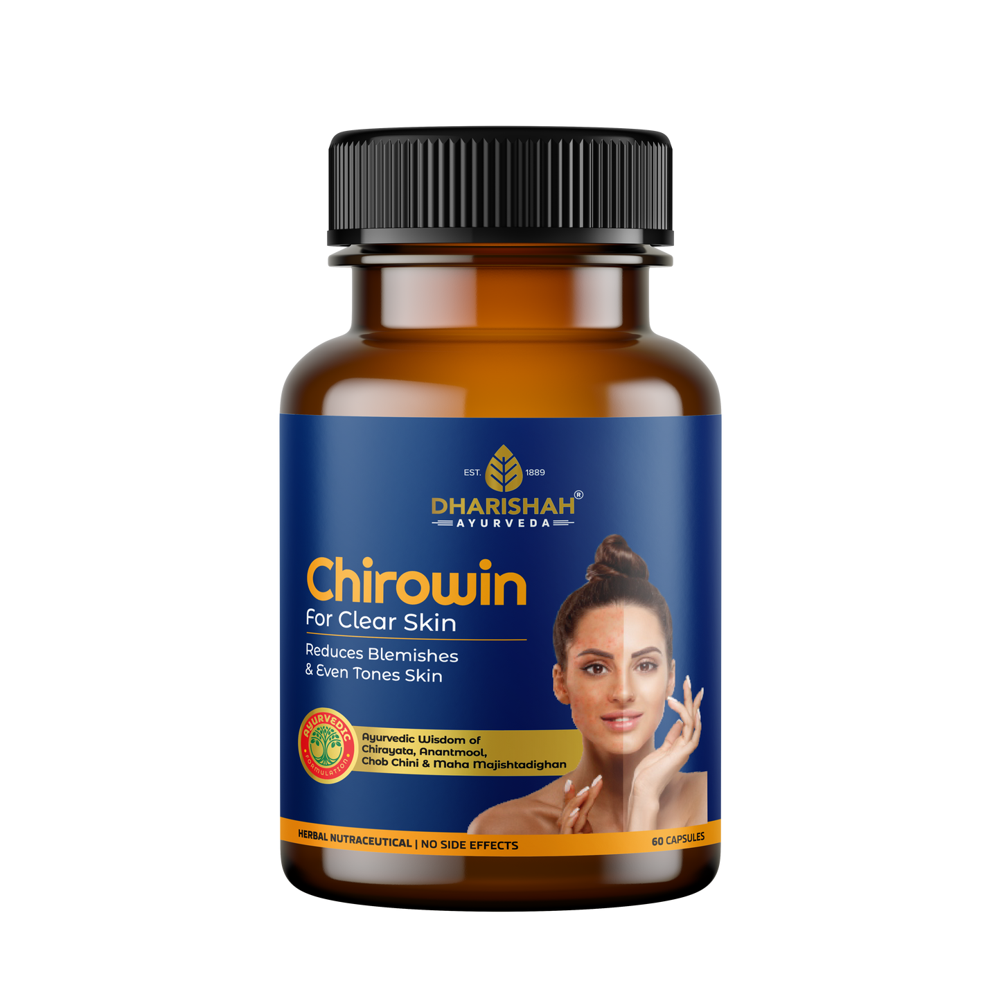 Dharishah Ayurveda Chirowin capsules – herbal supplement for clear skin, reduces blemishes and evens skin tone.
