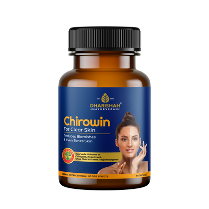 Dharishah Ayurveda Chirowin capsules – herbal supplement for clear skin, reduces blemishes and evens skin tone.