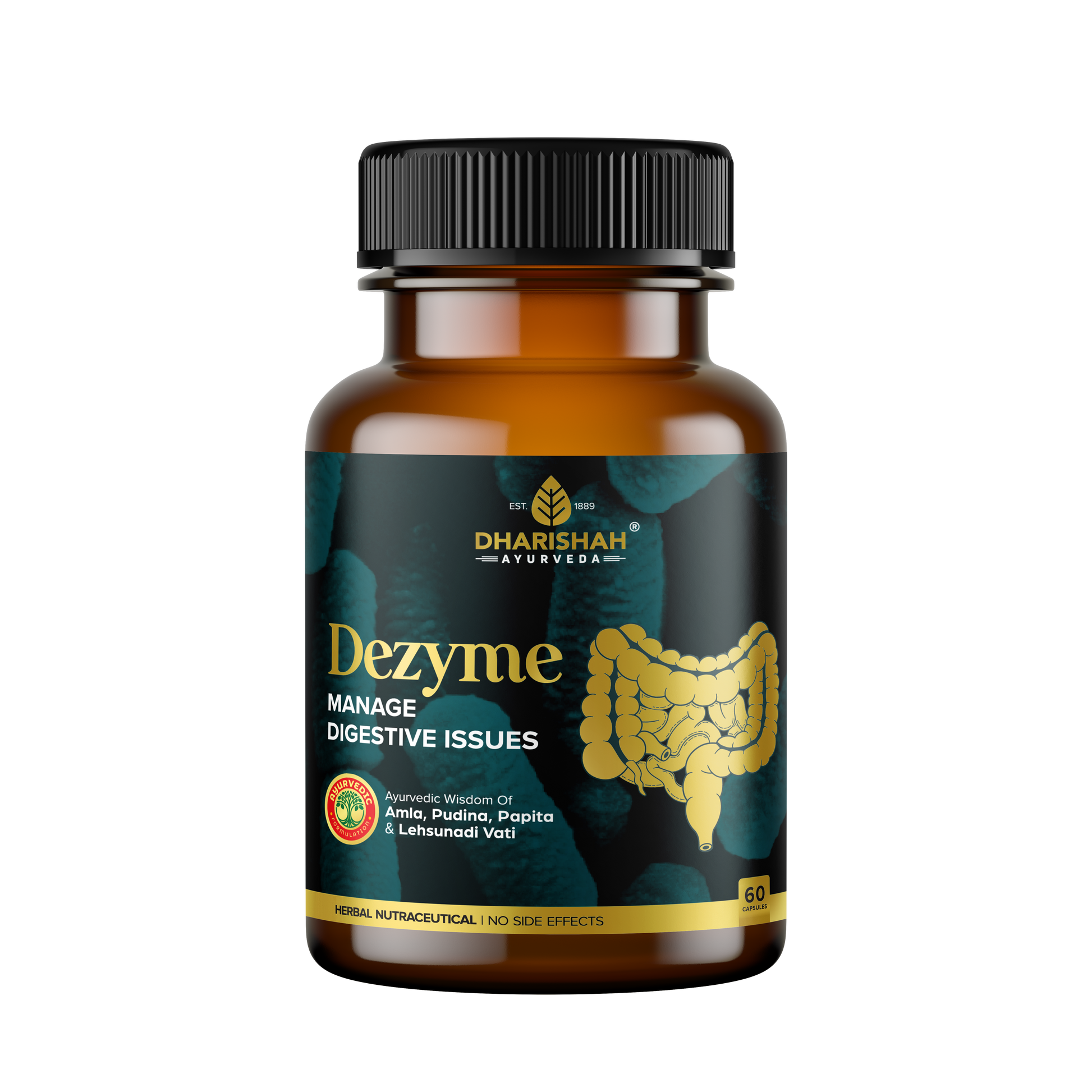 Dezyme Ayurvedic digestive supplement capsules by Dharishah Ayurveda – natural herbal remedy with amla, pudina, papita, and lehsunadi vati for indigestion, gas, and bloating.