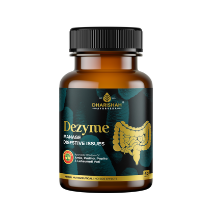 Dezyme Ayurvedic digestive supplement capsules by Dharishah Ayurveda – natural herbal remedy with amla, pudina, papita, and lehsunadi vati for indigestion, gas, and bloating.