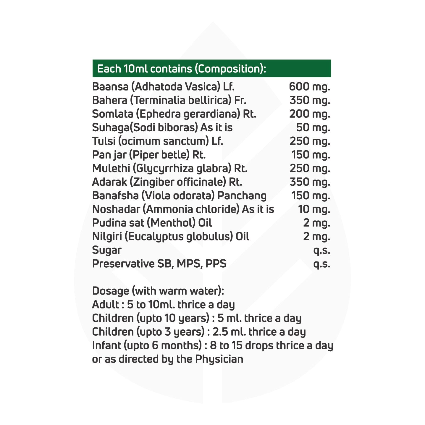 Ayurvedic syrup composition and dosage chart, detailing ingredients per 10ml such as Baansa, Bahera, Somlata, Tulsi, Mulethi, and others, along with dosage instructions for adults, children, and infants.
